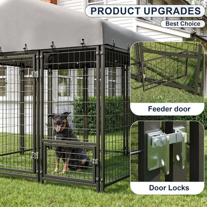 10x10FT Durable Heavy Duty Dog Cage/Kennel Outside with Roof & Double Door, Double Lock and Feeding Door,