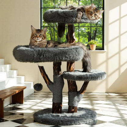 Cat Tree Tower for Large Cats, Large Cat Tree for Maine Coon Indoor Cats with Faux Fox Fur, Solid Wood Sisal Scratching Post,