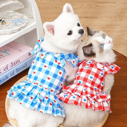 Princess-Style Pet Clothes Summer Dresses Striped Pinafore Skirt Checked Pullover