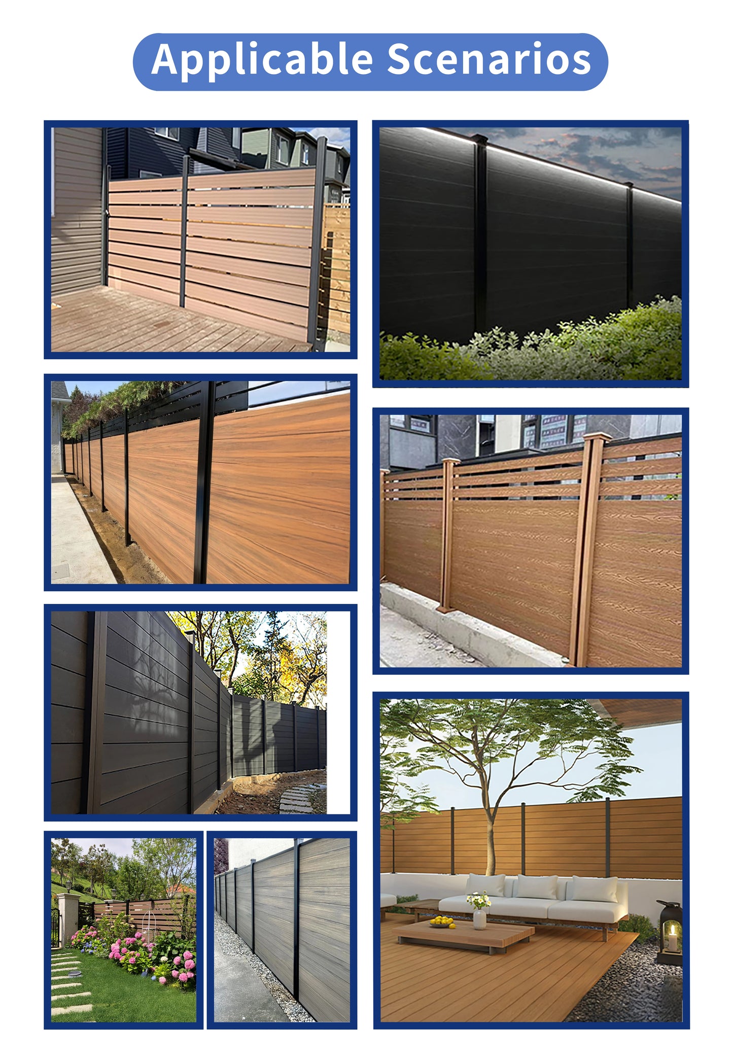 Wood/Plastic Composite Outdoor Fence Panel with Aluminum Post and Slat Wall Surface.