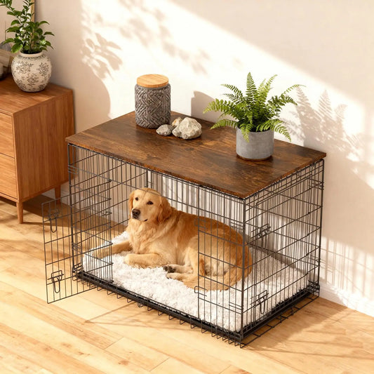 Wooden Dog Crate Topper for 24, 30, 36, 42, 48 Inch Cages - Rustic Brown Countertop Cover (Crate Not Included)