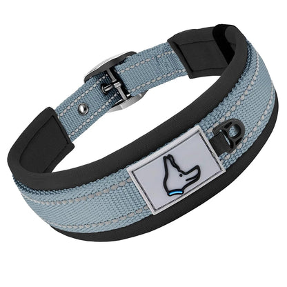 Padded Adjustable Reflective Wide Heavy Duty Nylon Neoprene Collars for small medium large Dogs  
D-Ring and Tag Loop - can be used to attach a leash and is tough enough to provide peace of mind no matter how hard your dog li