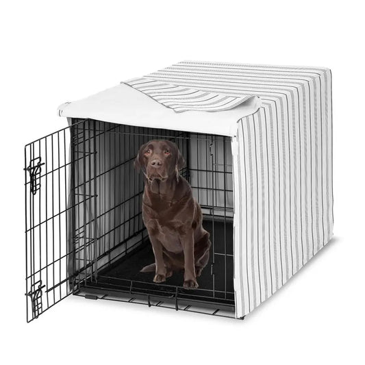 42in. Medium Large Dog Crate Cover White and Grey Stripe Pet Cage, Kennel Covers Modern, Neutral, Contemporary, Striped, Elegant