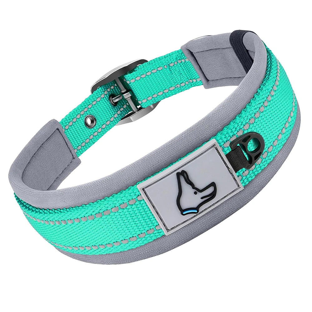 Padded Adjustable Reflective Wide Heavy Duty Nylon Neoprene Collars for small medium large Dogs  
D-Ring and Tag Loop - can be used to attach a leash and is tough enough to provide peace of mind no matter how hard your dog li