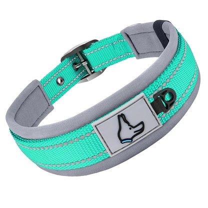 Padded Adjustable Reflective Wide Heavy Duty Nylon Neoprene Collars for small medium large Dogs  
D-Ring and Tag Loop - can be used to attach a leash and is tough enough to provide peace of mind no matter how hard your dog li
