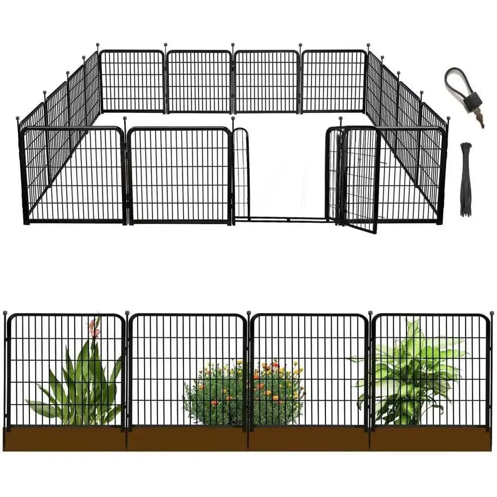 Garden Fence with Gate 48 in(H)×27 in(L) 12 Panels Total 26.6 Ft(L), Heavy Duty Iron Metal Animal Barrier Fence, Flower Bed Fenc