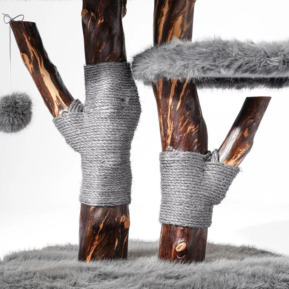 Cat Tree Tower for Large Cats, Large Cat Tree for Maine Coon Indoor Cats with Faux Fox Fur, Solid Wood Sisal Scratching Post,