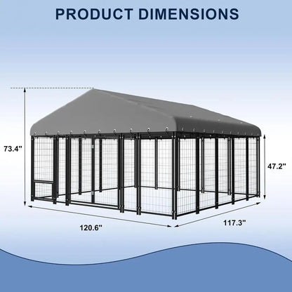 10x10FT Durable Heavy Duty Dog Cage/Kennel Outside with Roof & Double Door, Double Lock and Feeding Door,