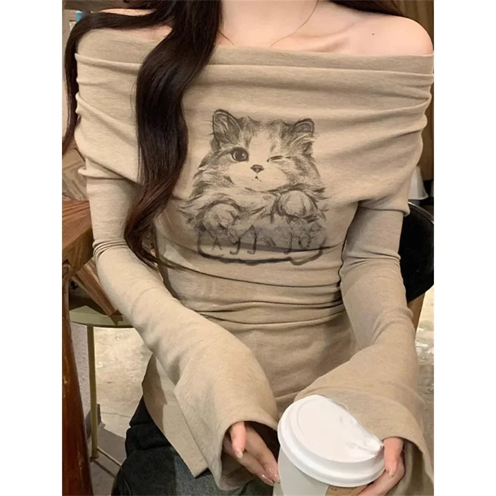 Gothic Kitten Graphic Grunge T-shirts Women Off Shoulder Vintage Crop Top Style Long Sleeve