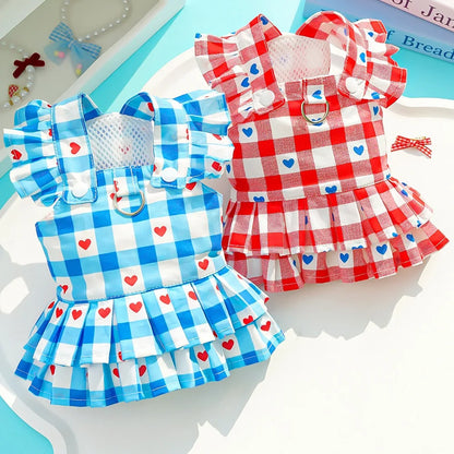 Princess-Style Pet Clothes Summer Dresses Striped Pinafore Skirt Checked Pullover