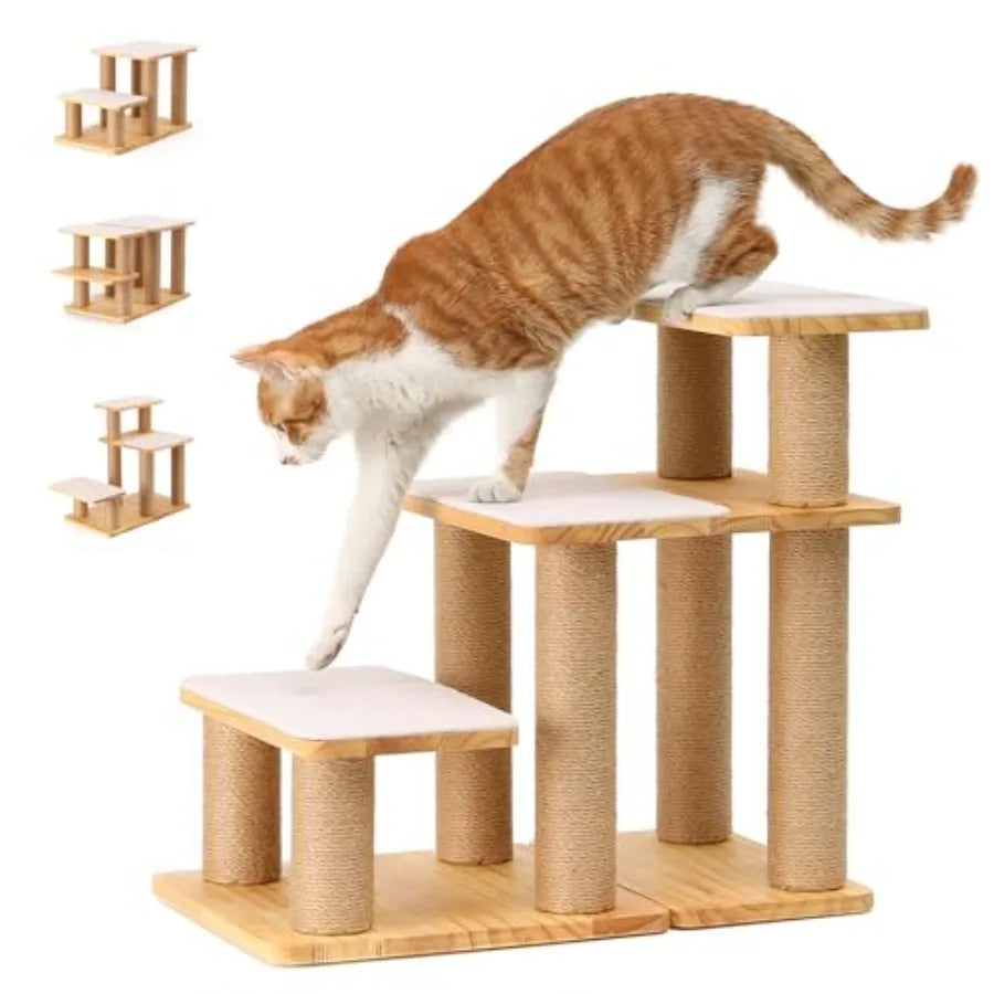 Pet Stairs Solid Wood Pet Stairs with Cat Scratching Post Transformable Cat Ramp Can Hold Up to 200 lbs. 20 Inch Pet Steps
