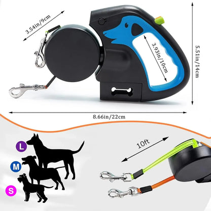 3m Retractable Dog Leash For Small Dogs Reflective Dual Pet Leash Lead 360 Swivel No Tangle Double Dog Walking Leash With Lights