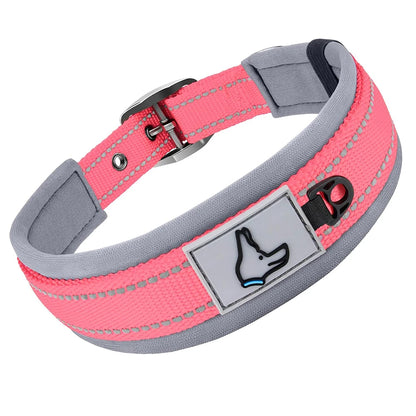 Padded Adjustable Reflective Wide Heavy Duty Nylon Neoprene Collars for small medium large Dogs  
D-Ring and Tag Loop - can be used to attach a leash and is tough enough to provide peace of mind no matter how hard your dog li