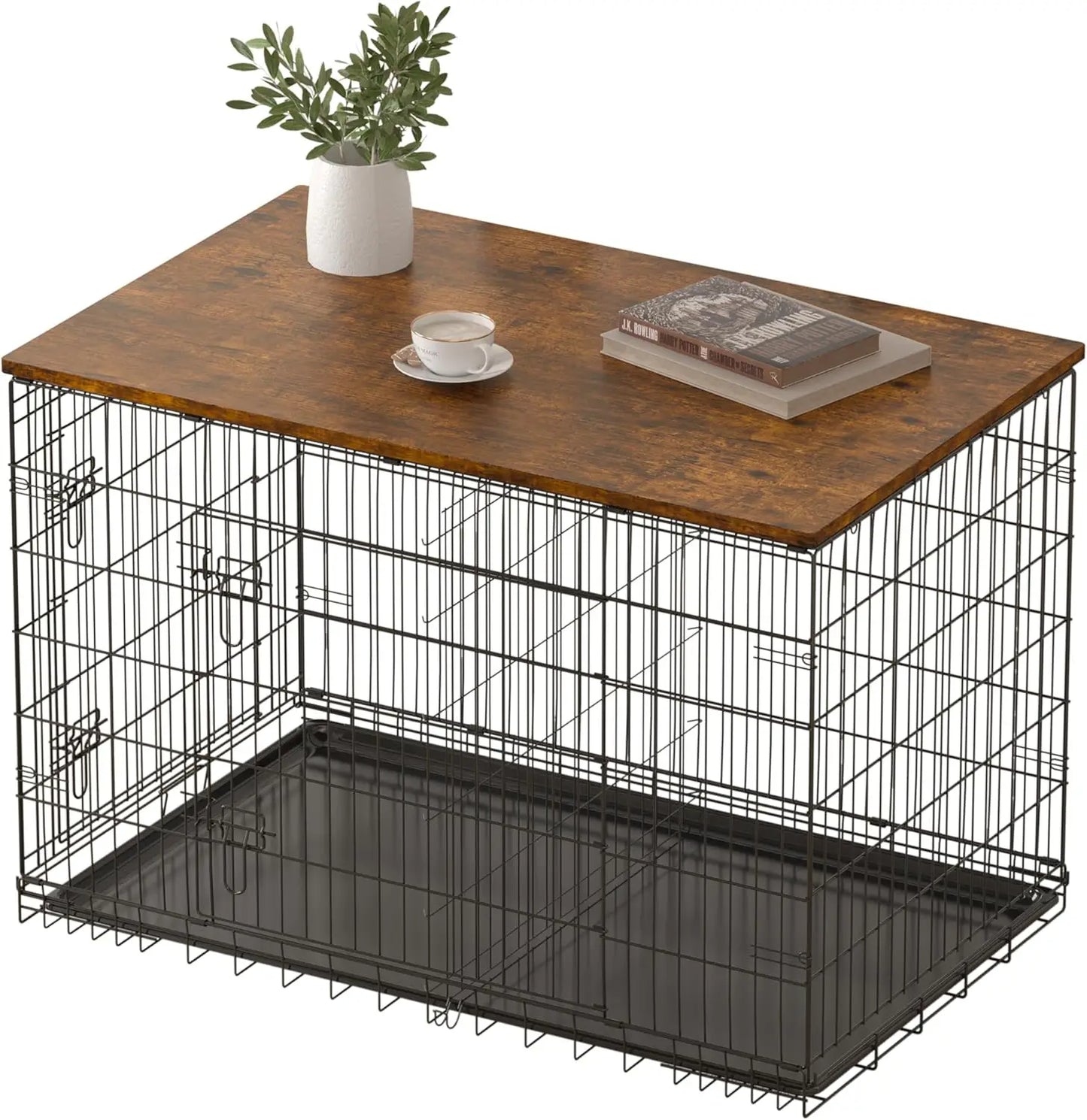 Wooden Dog Crate Topper for 24, 30, 36, 42, 48 Inch Cages - Rustic Brown Countertop Cover (Crate Not Included)