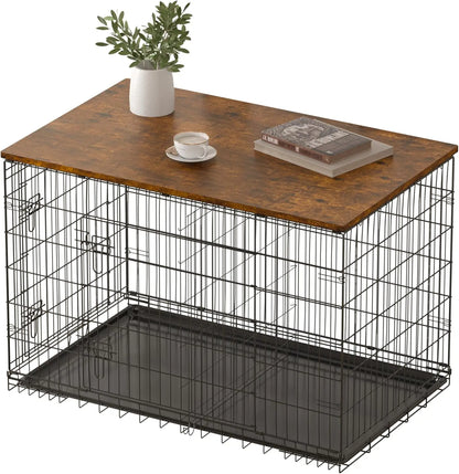 Wooden Dog Crate Topper for 24, 30, 36, 42, 48 Inch Cages - Rustic Brown Countertop Cover (Crate Not Included)