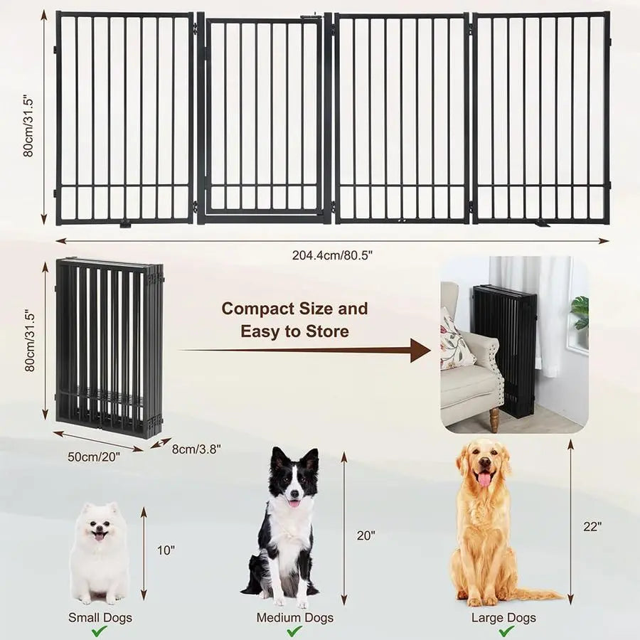 Freestanding Dog Gate with Door, Extra Wide 81" Height 31" Foldable Dog Gates for Doorways, Tall Pet Fence Indoor Outdoor Pet Gate