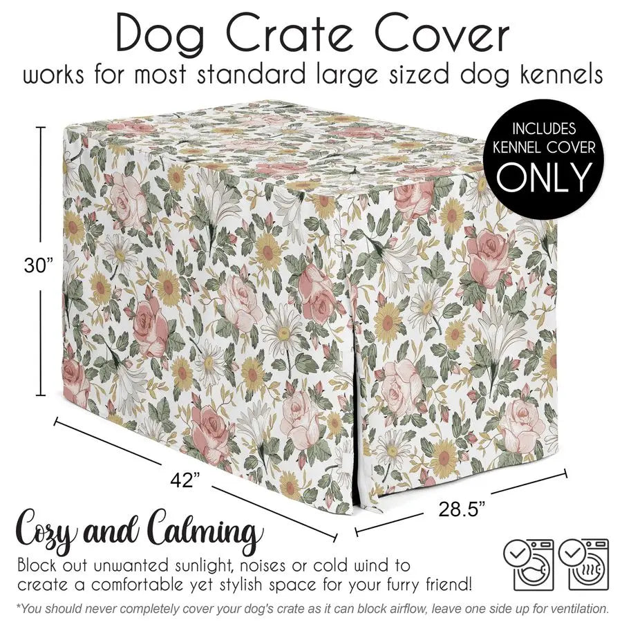 42in. Medium Large Dog Crate Cover Boho Vintage Floral for Girls Pet Cage, Kennel Covers Bohemian, Shabby Chic, Rose, Flower, El