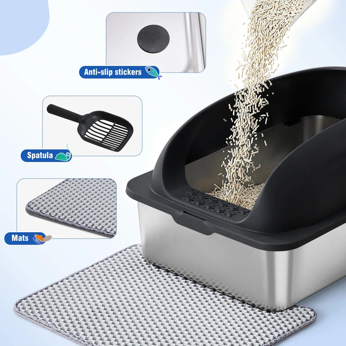 24 Inch Stainless Steel Litter Box with Lid Large Cat Litter Box for Big Cats Anti-Urine Leakage Scoop and Mat Included