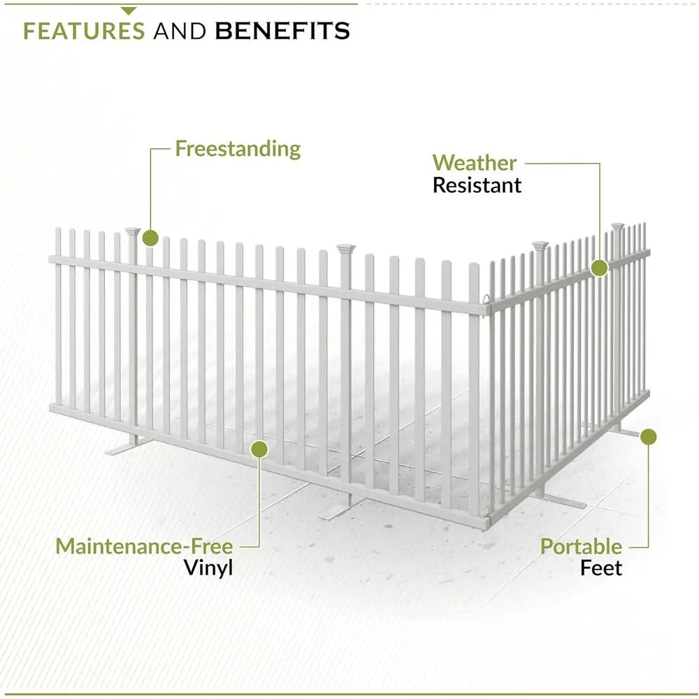 42L x 92W Lightweight Portable White Vinyl Picket Fence Panel, Ideal for Outdoor and Indoor Temporary Events, Easy Setup for Backyard Use