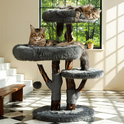 Cat Tree Tower for Large Cats, Large Cat Tree for Maine Coon Indoor Cats with Faux Fox Fur, Solid Wood Sisal Scratching Post,