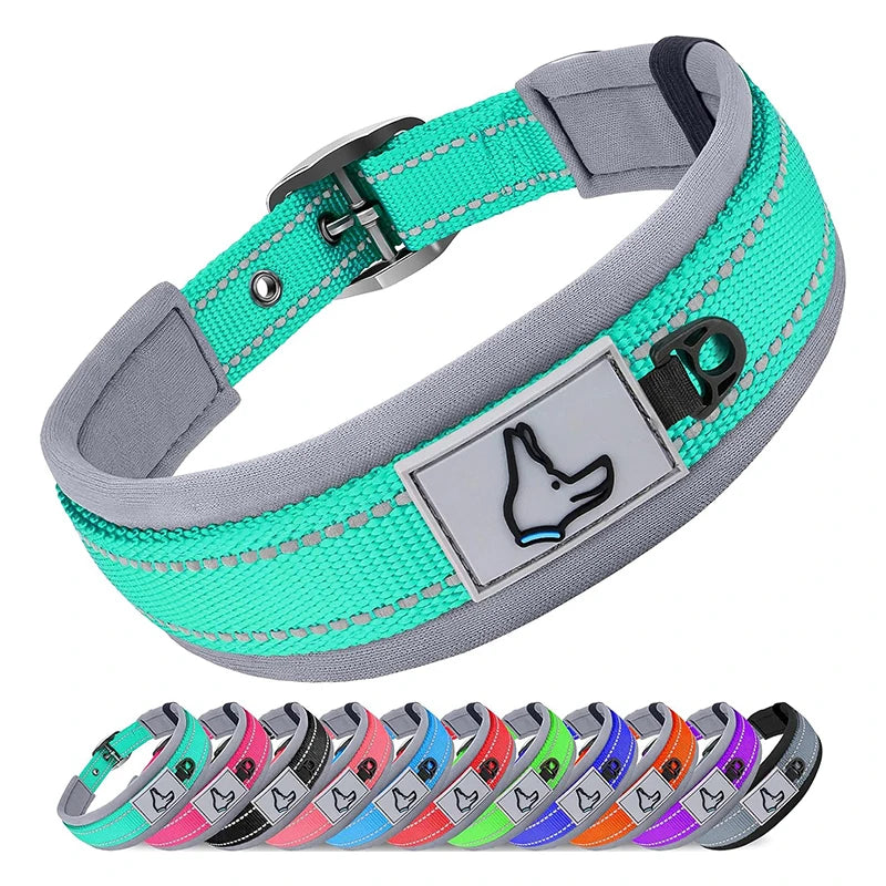 Padded Adjustable Reflective Wide Heavy Duty Nylon Neoprene Collars for small medium large Dogs  
D-Ring and Tag Loop - can be used to attach a leash and is tough enough to provide peace of mind no matter how hard your dog li