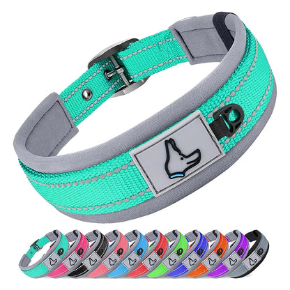Padded Adjustable Reflective Wide Heavy Duty Nylon Neoprene Collars for small medium large Dogs  
D-Ring and Tag Loop - can be used to attach a leash and is tough enough to provide peace of mind no matter how hard your dog li
