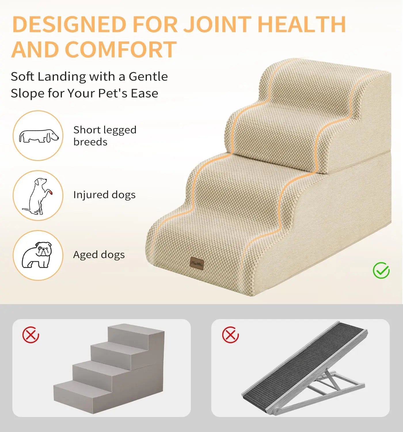 4-Step Pet Stairs for High Beds & Couches, Non-Slip Foam Steps for Small Dogs and Cats, Beige