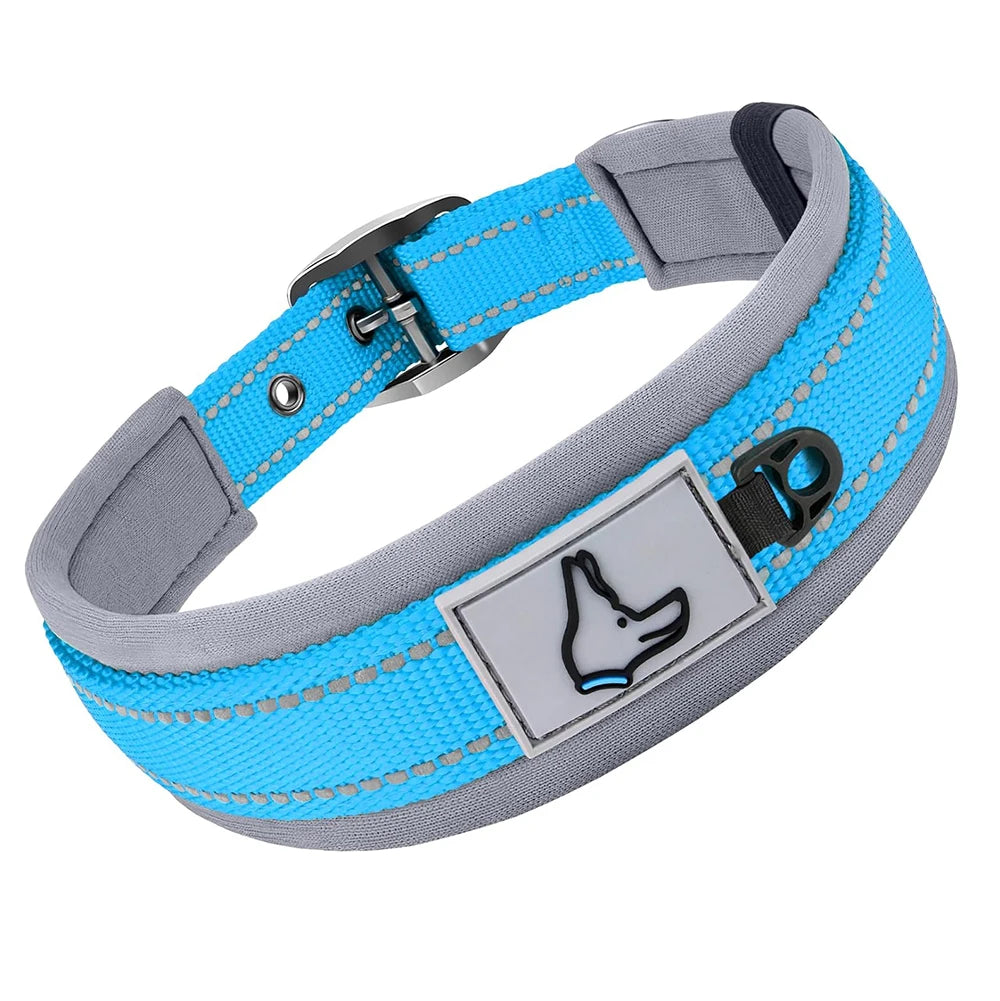 Padded Adjustable Reflective Wide Heavy Duty Nylon Neoprene Collars for small medium large Dogs  
D-Ring and Tag Loop - can be used to attach a leash and is tough enough to provide peace of mind no matter how hard your dog li