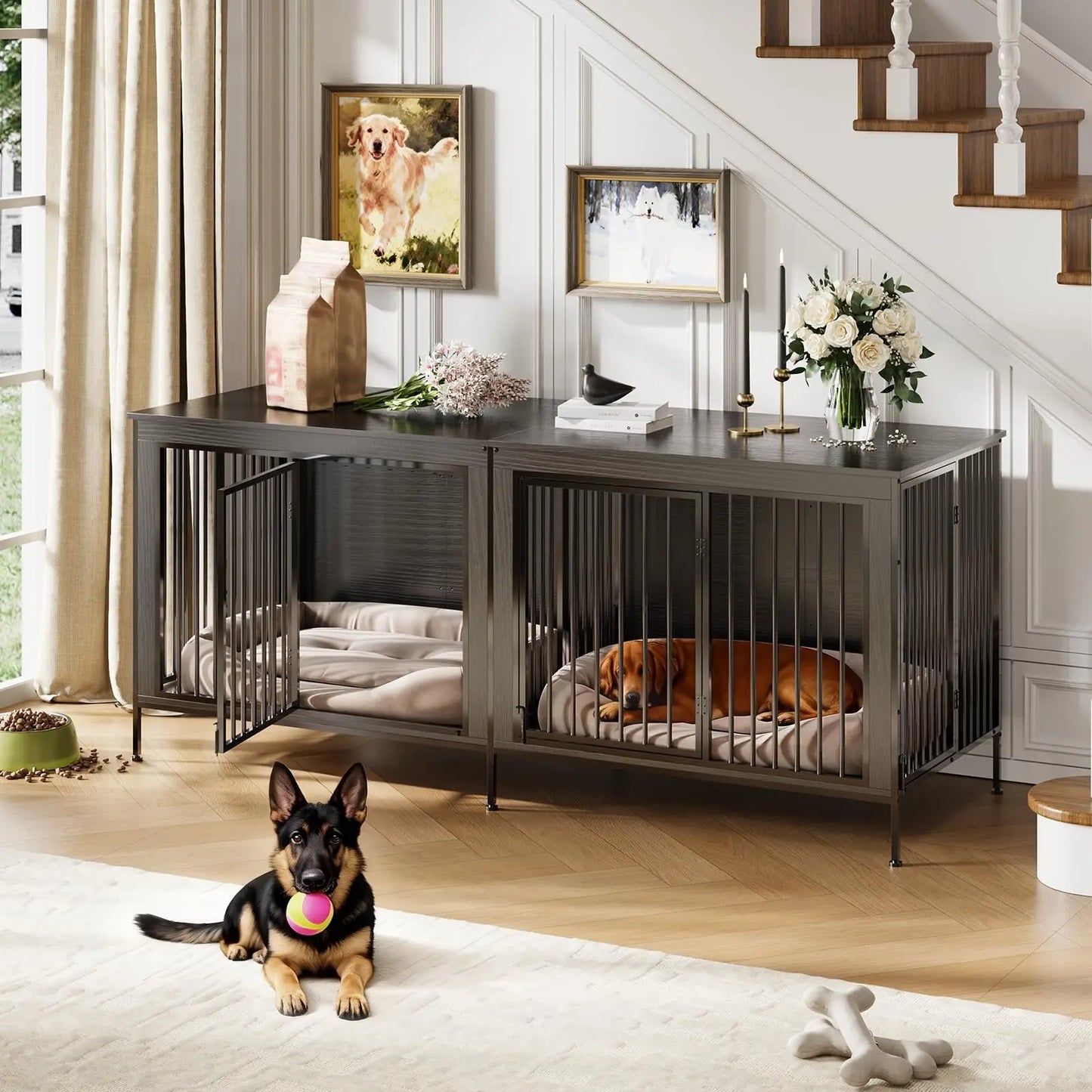 78.74" XL Heavy Duty Double Dog Crate/Kennel With Removable Divider. Holds 2 Dogs, looks like furniture.