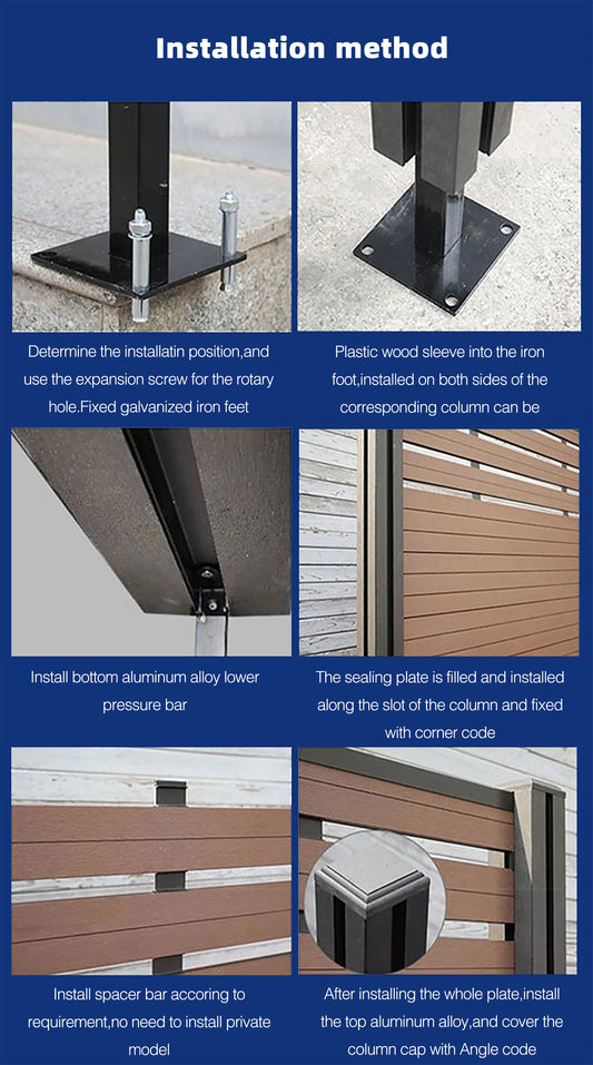 Wood/Plastic Composite Outdoor Fence Panel with Aluminum Post and Slat Wall Surface.