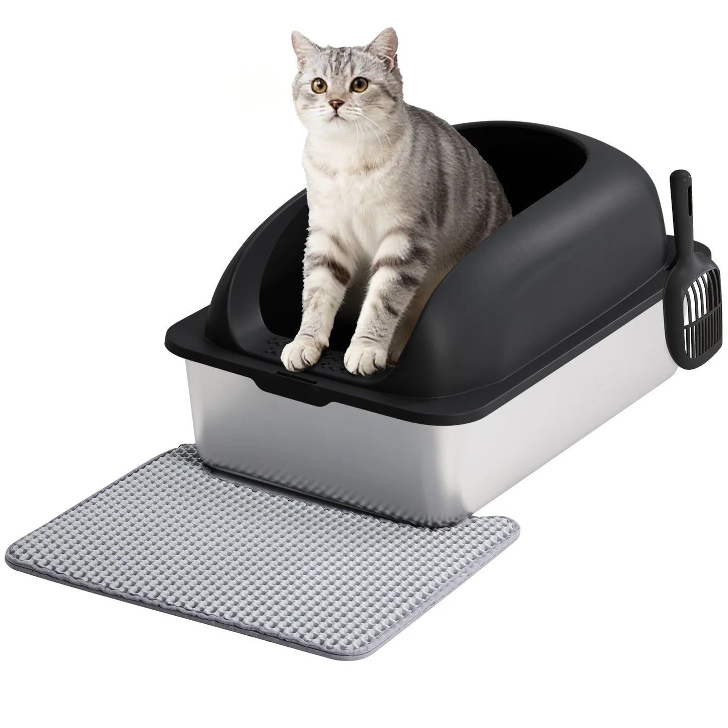 24 Inch Stainless Steel Litter Box with Lid Large Cat Litter Box for Big Cats Anti-Urine Leakage Scoop and Mat Included
