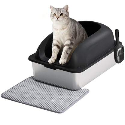 24 Inch Stainless Steel Litter Box with Lid Large Cat Litter Box for Big Cats Anti-Urine Leakage Scoop and Mat Included