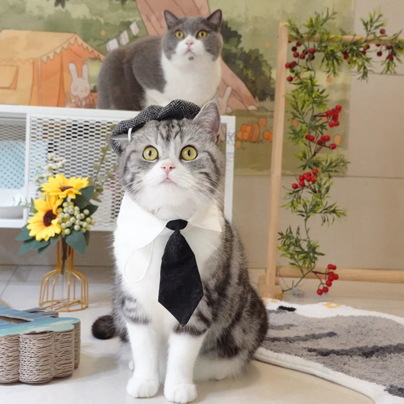 Pet Clothes Funny Handsome Gentleman's Beret Hat and Tie