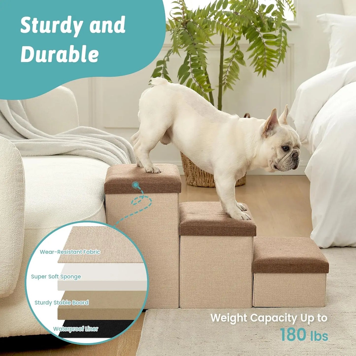 4-Step Dog Stairs with Storage, Folding Ramp for Bed/Couch/Car, Holds Up to 180 lbs, Brown