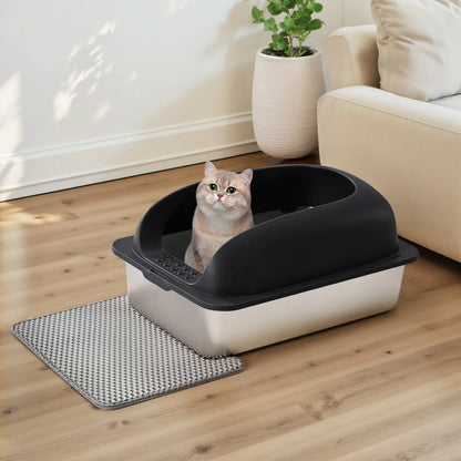 24 Inch Stainless Steel Litter Box with Lid Large Cat Litter Box for Big Cats Anti-Urine Leakage Scoop and Mat Included