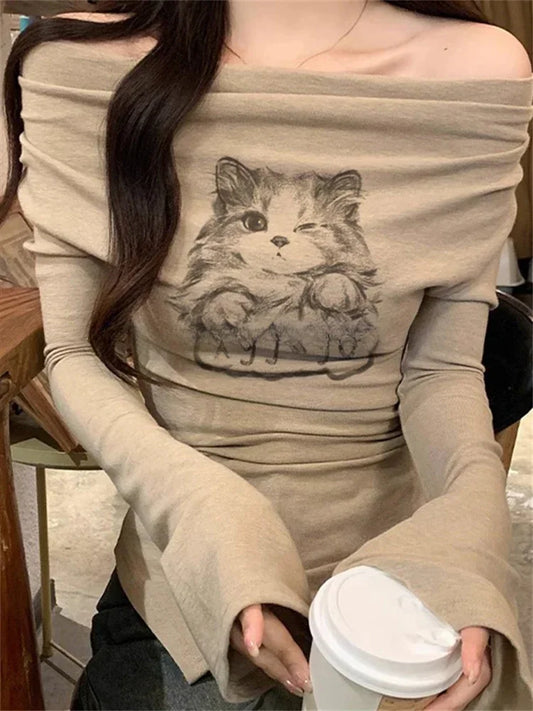 Gothic Kitten Graphic Grunge T-shirts Women Off Shoulder Vintage Crop Top Style Long Sleeve
