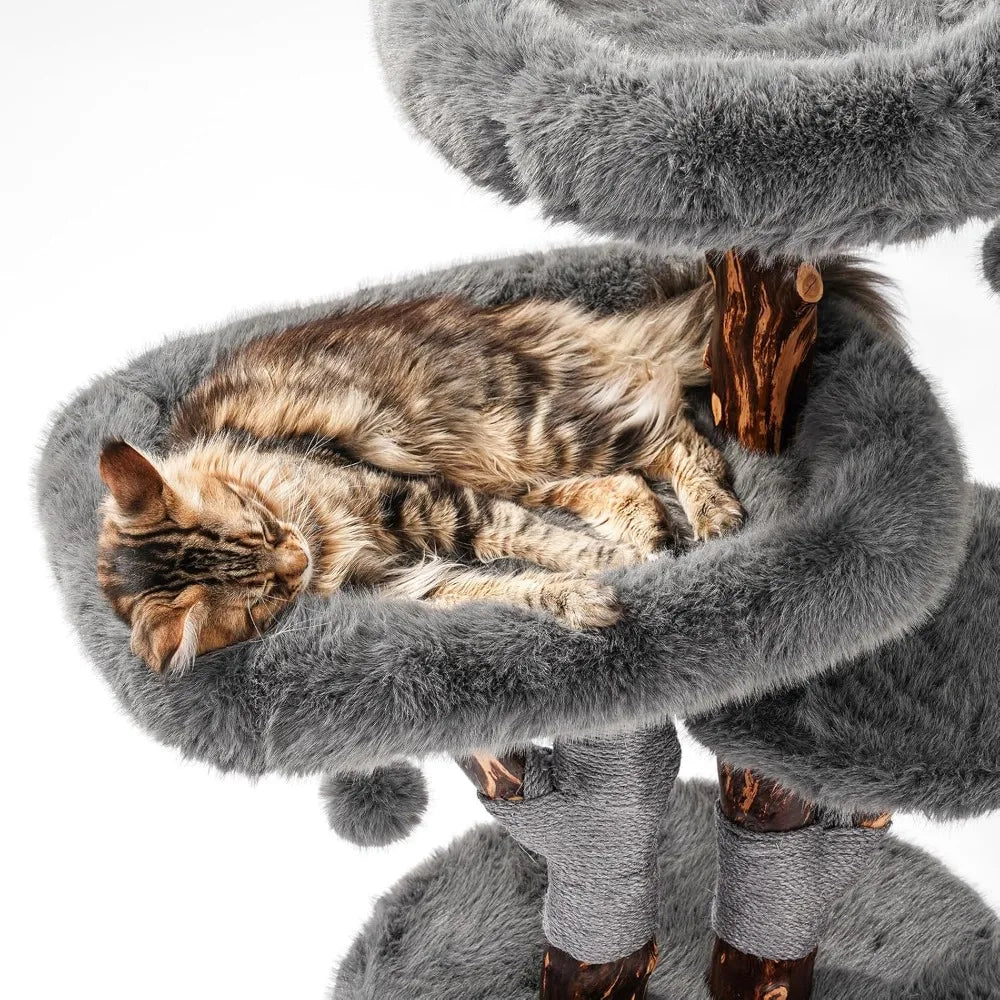 Cat Tree Tower for Large Cats, Large Cat Tree for Maine Coon Indoor Cats with Faux Fox Fur, Solid Wood Sisal Scratching Post,