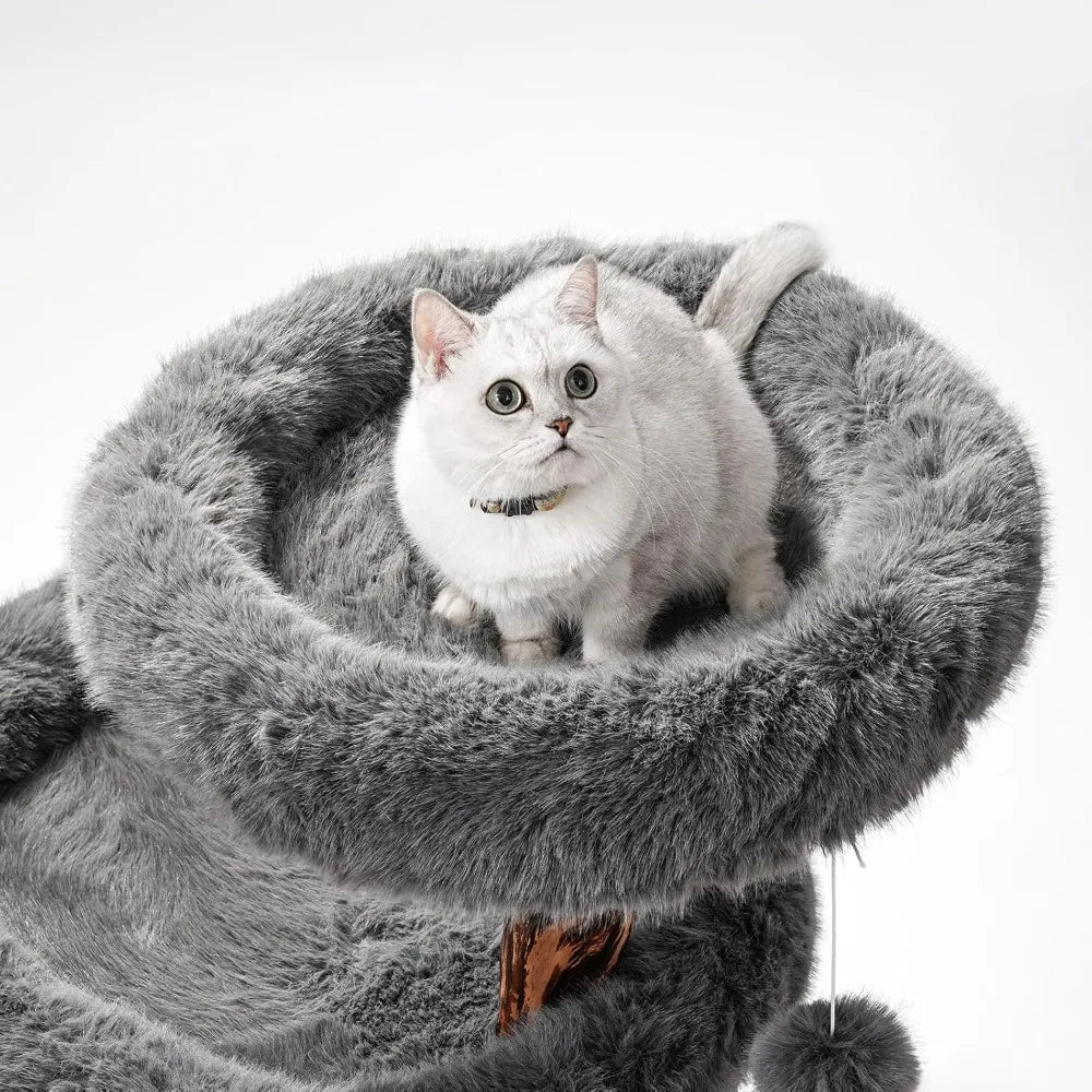 Cat Tree Tower for Large Cats, Large Cat Tree for Maine Coon Indoor Cats with Faux Fox Fur, Solid Wood Sisal Scratching Post,