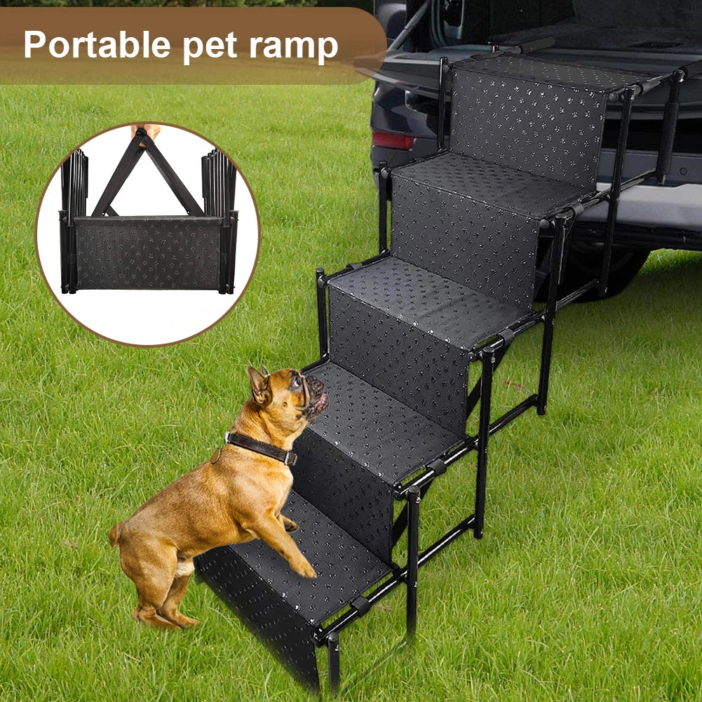 5 Steps Foldable Portable Dog Steps with Nonslip Surface Dog Car Ramp for Large Dog Support Up To 150 Lbs. for Cars and SUV Truck