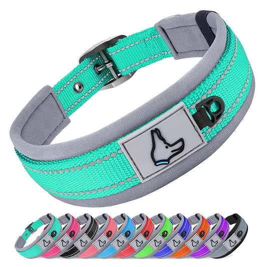 Padded Adjustable Reflective Wide Heavy Duty Nylon Neoprene Collars for small medium large Dogs  
D-Ring and Tag Loop - can be used to attach a leash and is tough enough to provide peace of mind no matter how hard your dog li