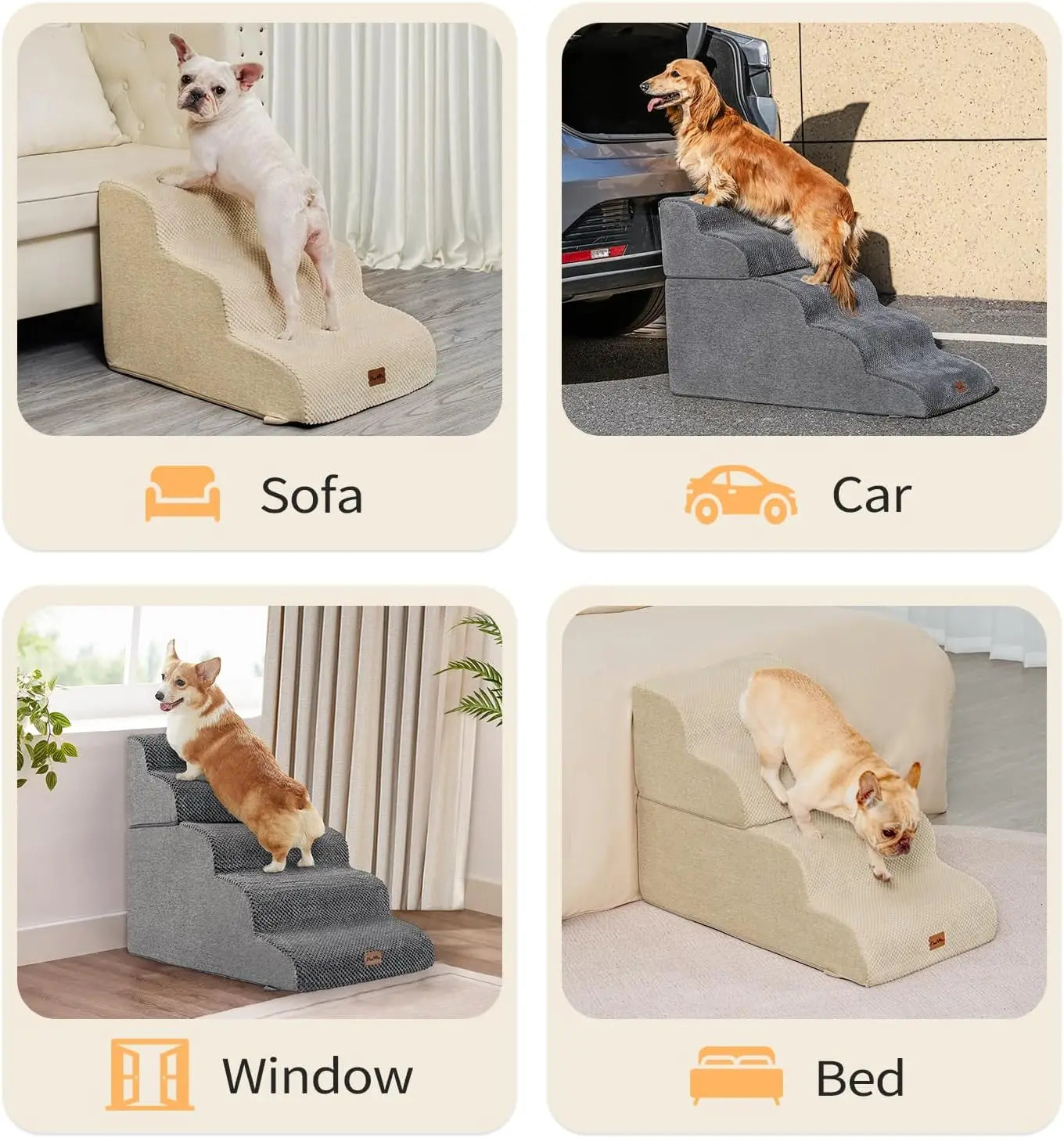 4-Step Pet Stairs for High Beds & Couches, Non-Slip Foam Steps for Small Dogs and Cats, Beige