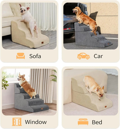 4-Step Pet Stairs for High Beds & Couches, Non-Slip Foam Steps for Small Dogs and Cats, Beige