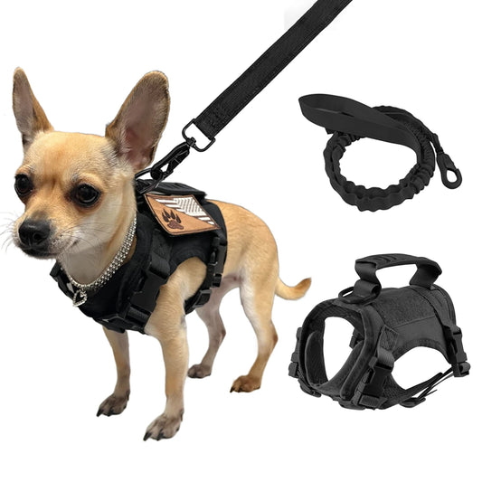 Small Pet Adjustable Military Tactical Harness Vest Leash Set for Walking and Training