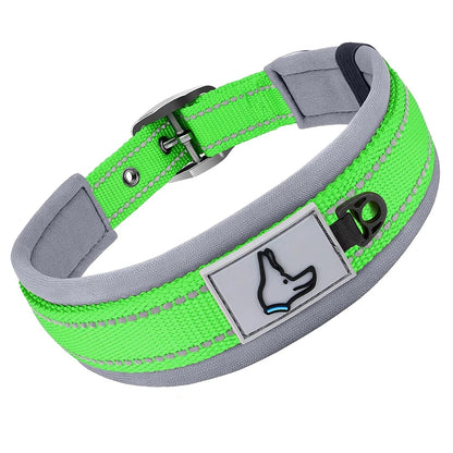 Padded Adjustable Reflective Wide Heavy Duty Nylon Neoprene Collars for small medium large Dogs  
D-Ring and Tag Loop - can be used to attach a leash and is tough enough to provide peace of mind no matter how hard your dog li