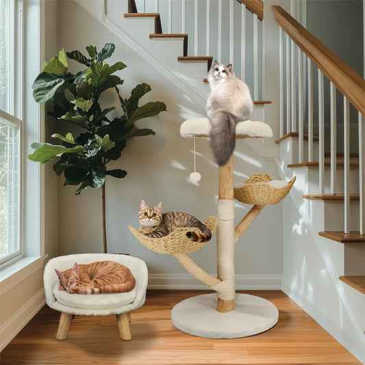 110cm Modern Cat Furniture Solid Wood Climbing Cat Tree with Scratching Post