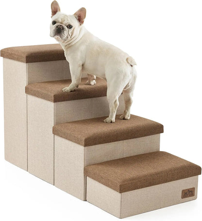 4-Step Dog Stairs with Storage, Folding Ramp for Bed/Couch/Car, Holds Up to 180 lbs, Brown