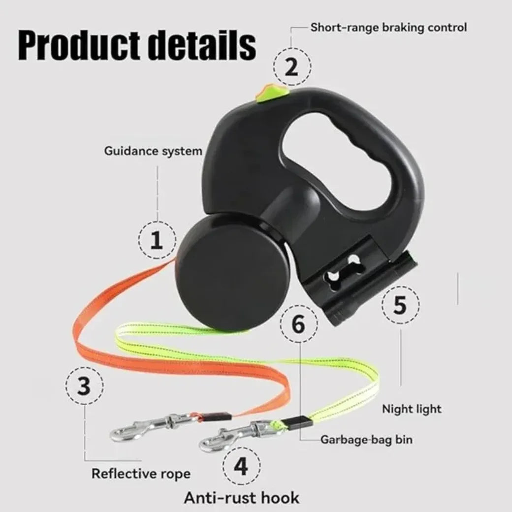 3m Retractable Dog Leash For Small Dogs Reflective Dual Pet Leash Lead 360 Swivel No Tangle Double Dog Walking Leash With Lights