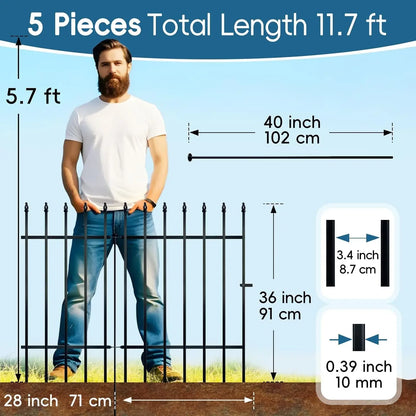36 inch H x 28 inch W 5 Panels (4 Panels + 1 Gate) Total Length 11.6 ft. No Dig Metal Garden Fence.