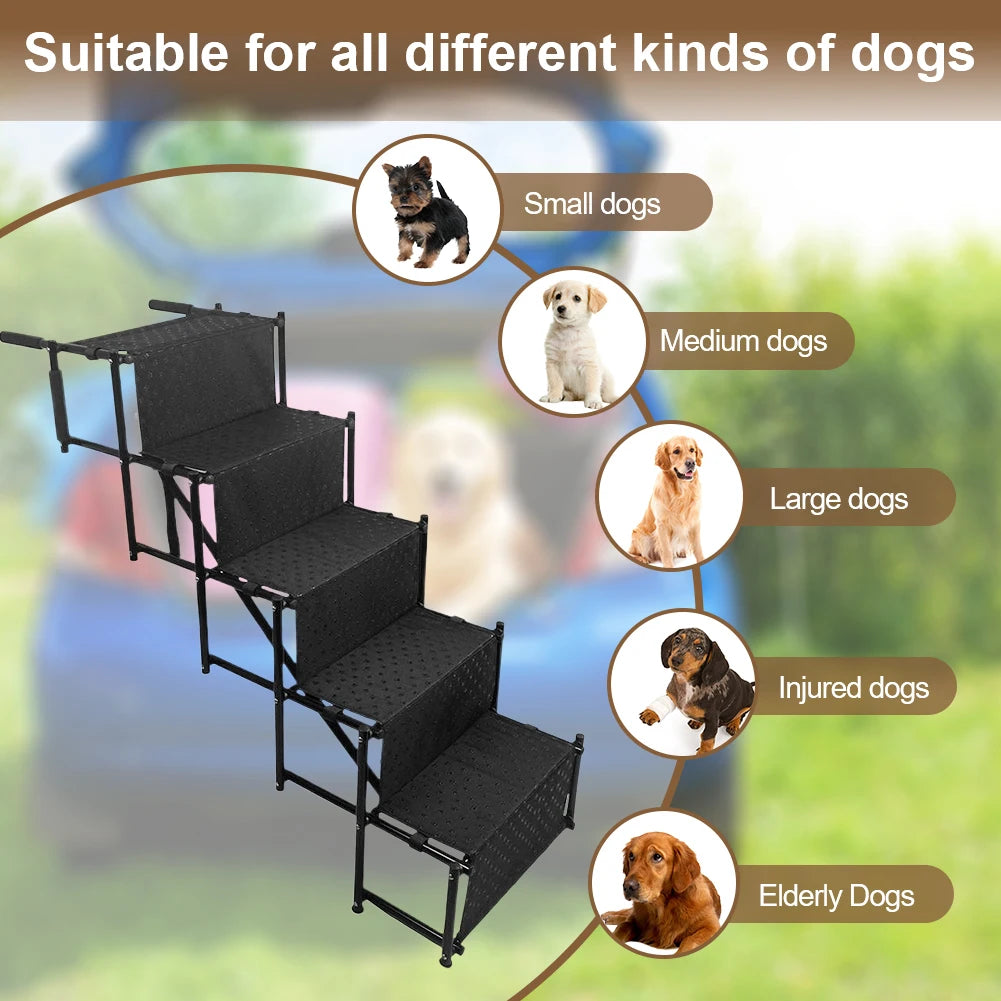 5 Steps Foldable Portable Dog Steps with Nonslip Surface Dog Car Ramp for Large Dog Support Up To 150 Lbs. for Cars and SUV Truck