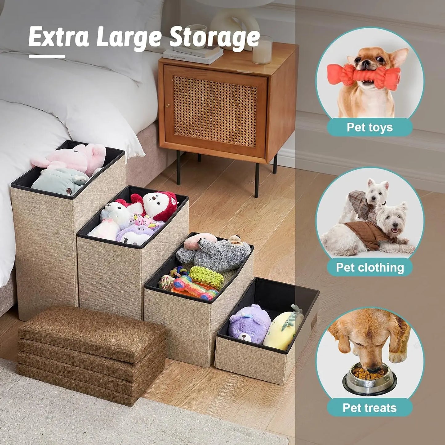 4-Step Dog Stairs with Storage, Folding Ramp for Bed/Couch/Car, Holds Up to 180 lbs, Brown